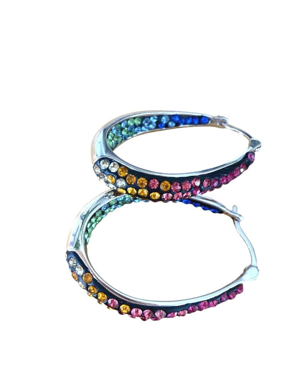 Earrings Rainbow Crystals Oval Hoop Ombre Sparkly Elegant Glam Silver Tone NEW